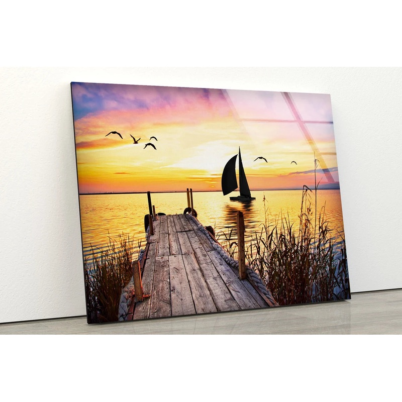 Wooden Pier & Boat on Lake Sunset View Photograph Acrylic Glass Print Tempered Glass Wall Art 100% Made in Australia Ready to Hang