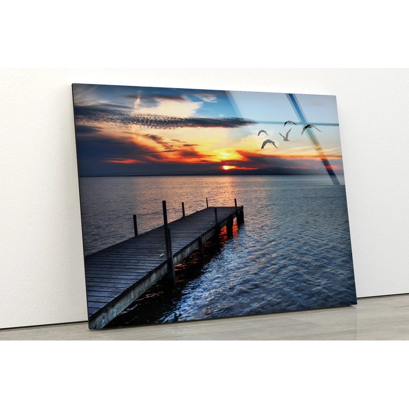 Wooden Pier Over Lake Sunset Scenery Photograph Acrylic Glass Print Tempered Glass Wall Art 100% Made in Australia Ready to Hang