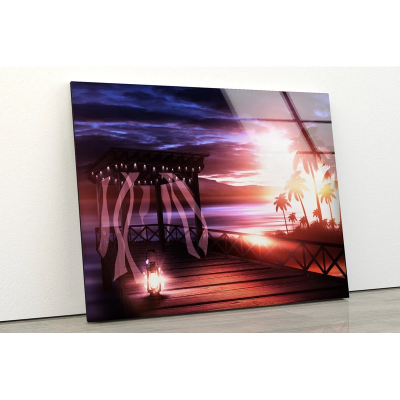 Wooden Pier, Palm Trees & Lantern Design Acrylic Glass Print Tempered Glass Wall Art 100% Made in Australia Ready to Hang
