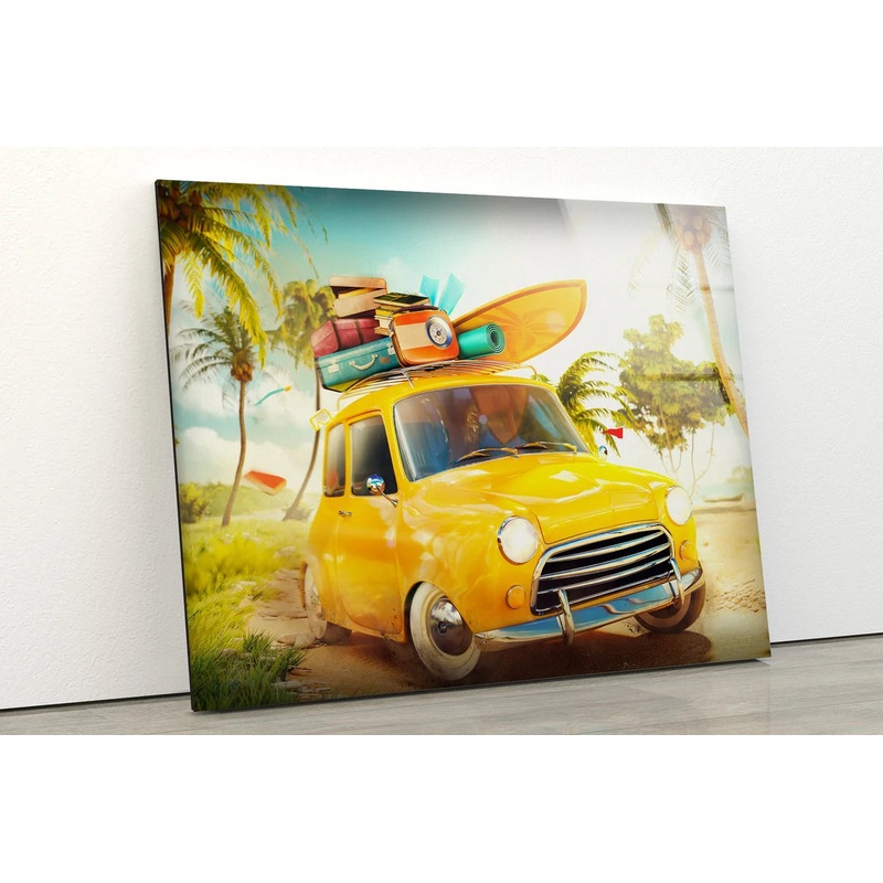 Yellow Car with Surf Boards Photograph Acrylic Glass Print Tempered Glass Wall Art 100% Made in Australia Ready to Hang