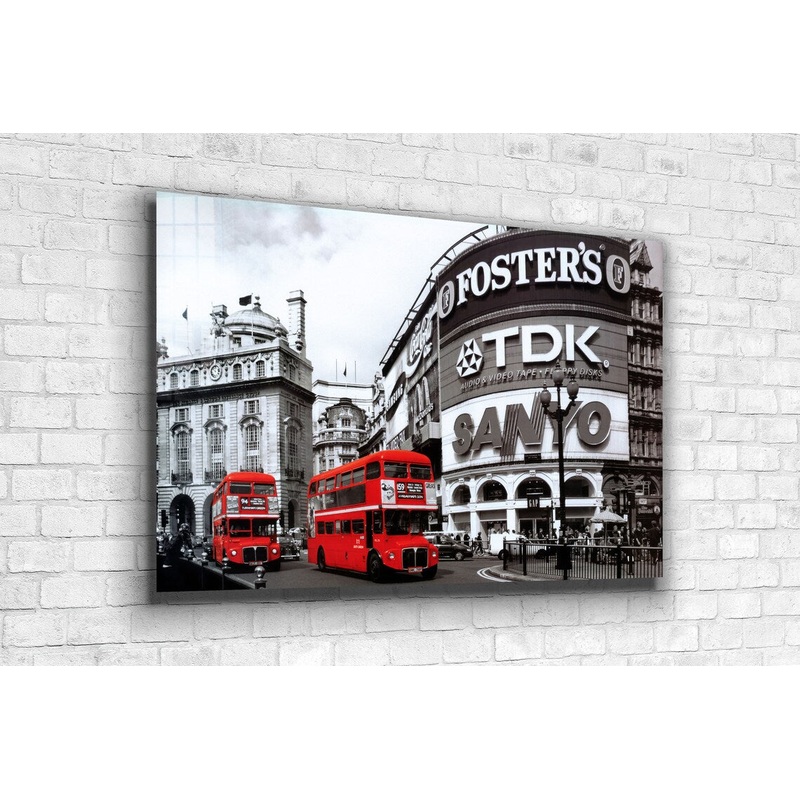 B&W City & Red Buses Print Tempered Glass Wall Art 100% Made in Australia Ready to Hang