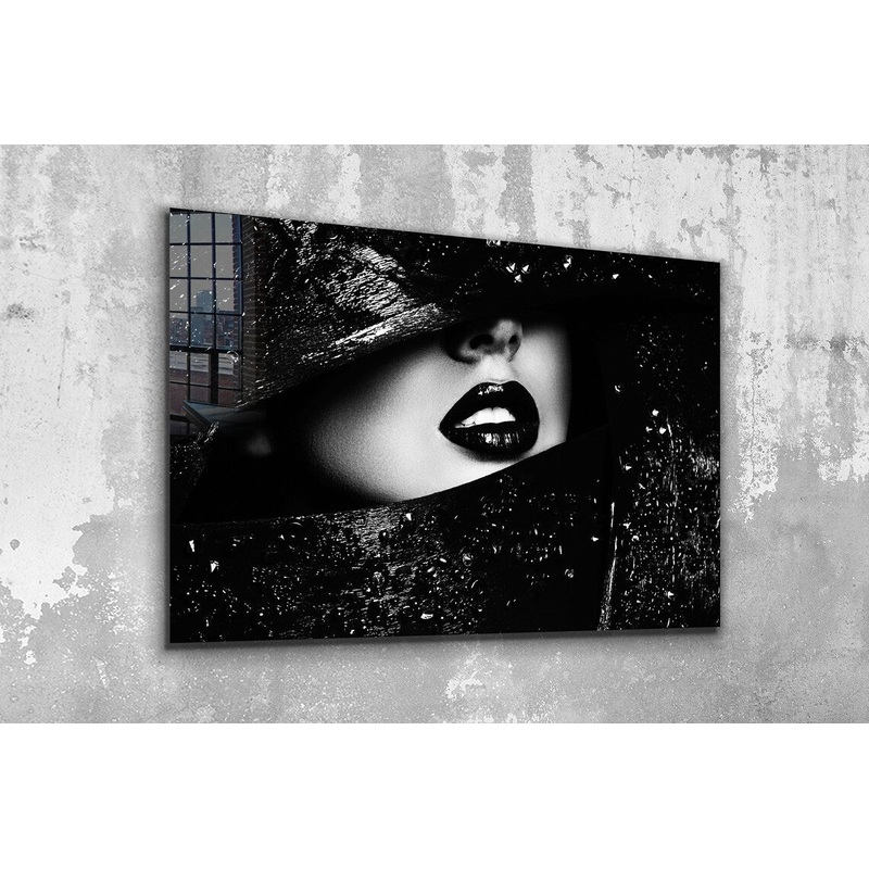 B&W Girl with Hat Lips Print Tempered Glass Wall Art 100% Made in Australia Ready to Hang