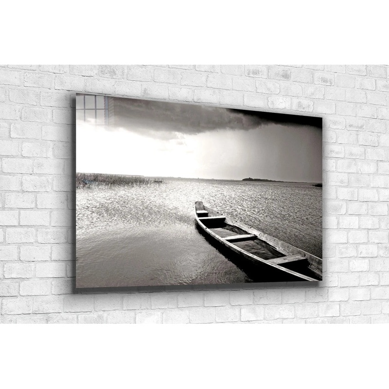 B&W Lonely Boat Lake Print Tempered Glass Wall Art 100% Made in Australia Ready to Hang