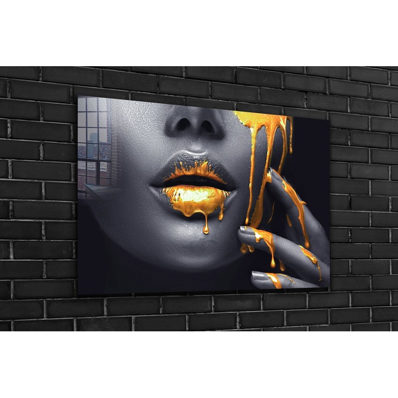 B&W Woman & Gold Lips Print Tempered Glass Wall Art 100% Made in Australia Ready to Hang