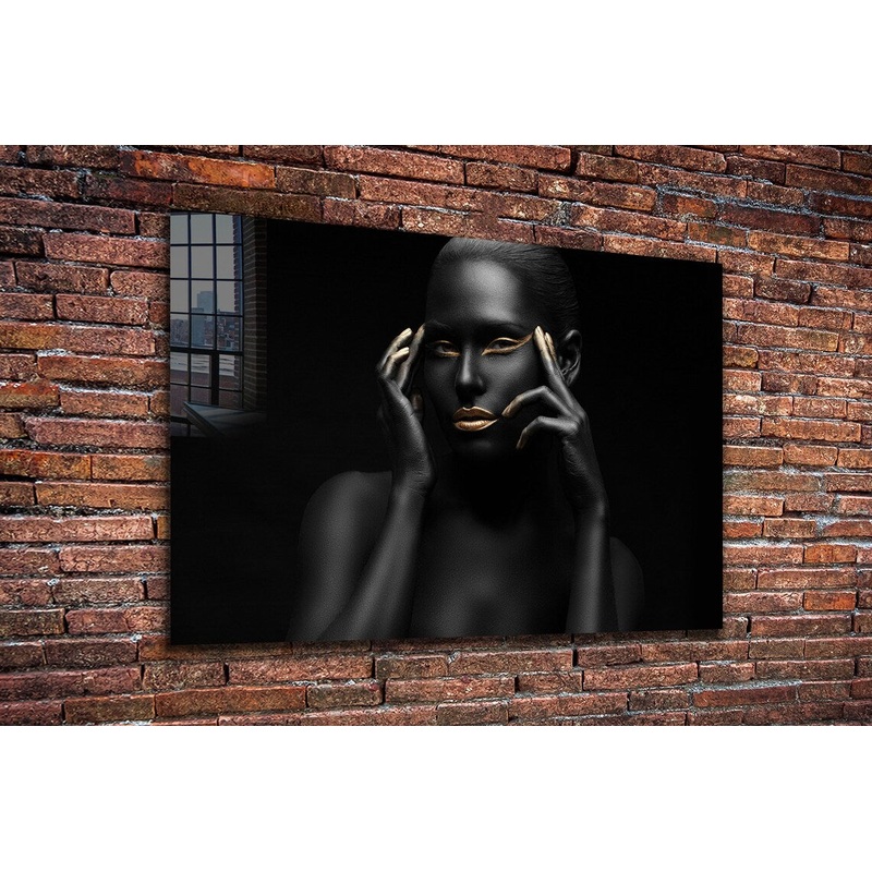 Black Woman Gold Makeup Print Tempered Glass Wall Art 100% Made in Australia Ready to Hang