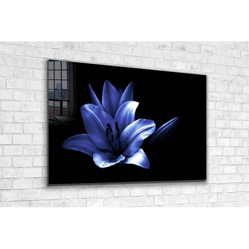 Blue Flower on Dark Print Tempered Glass Wall Art 100% Made in Australia Ready to Hang