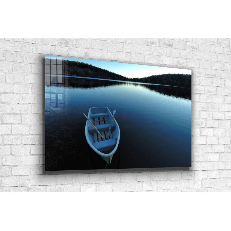 Boat on Calm Lake View Print Tempered Glass Wall Art 100% Made in Australia Ready to Hang