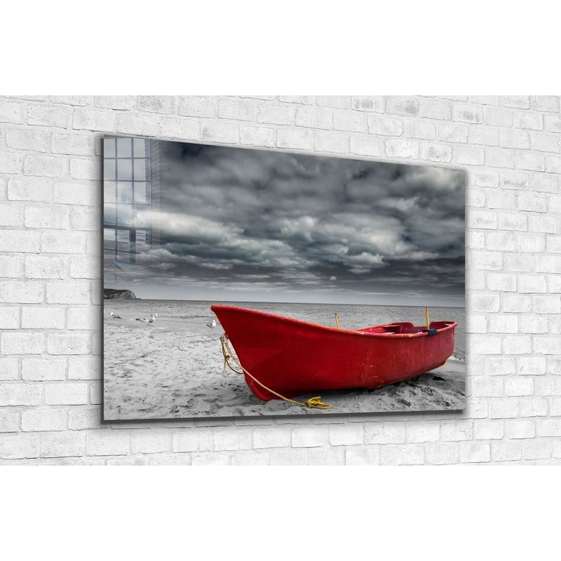 Boat on Seashore B&W Print Tempered Glass Wall Art 100% Made in Australia Ready to Hang