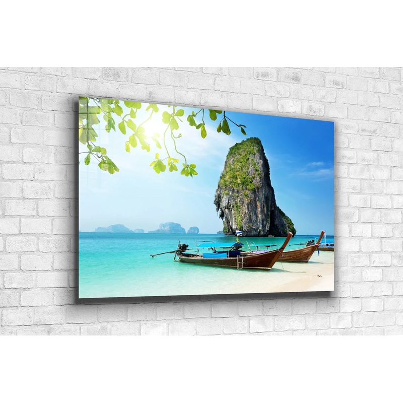 Boats near Cliff Sea Print Tempered Glass Wall Art 100% Made in Australia Ready to Hang