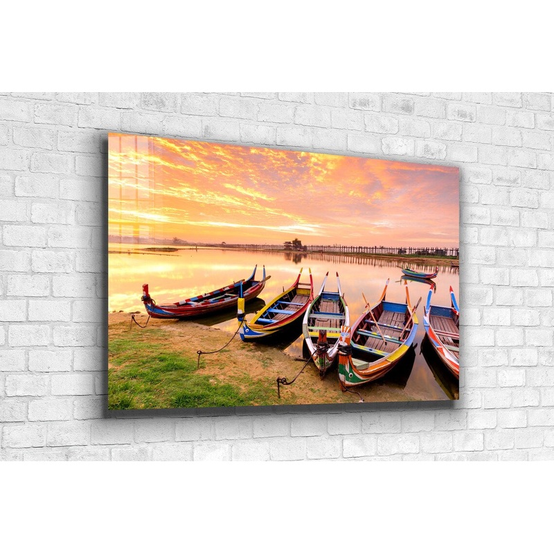 Boats on Lake Sunset Print Tempered Glass Wall Art 100% Made in Australia Ready to Hang