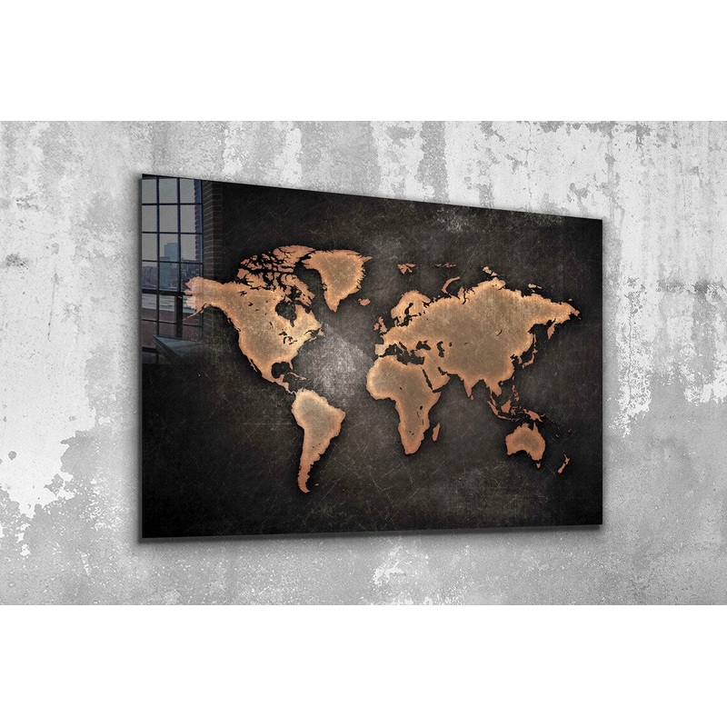 Brown World Map Vector Print Tempered Glass Wall Art 100% Made in Australia Ready to Hang