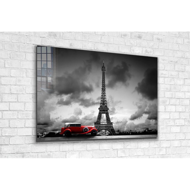 Eiffel Tower Red Car Print Tempered Glass Wall Art 100% Made in Australia Ready to Hang