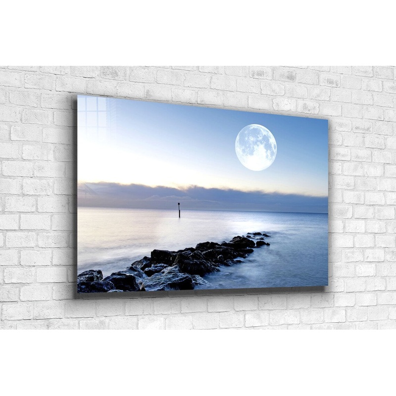 Full Moon Rocky Sea Print Tempered Glass Wall Art 100% Made in Australia Ready to Hang