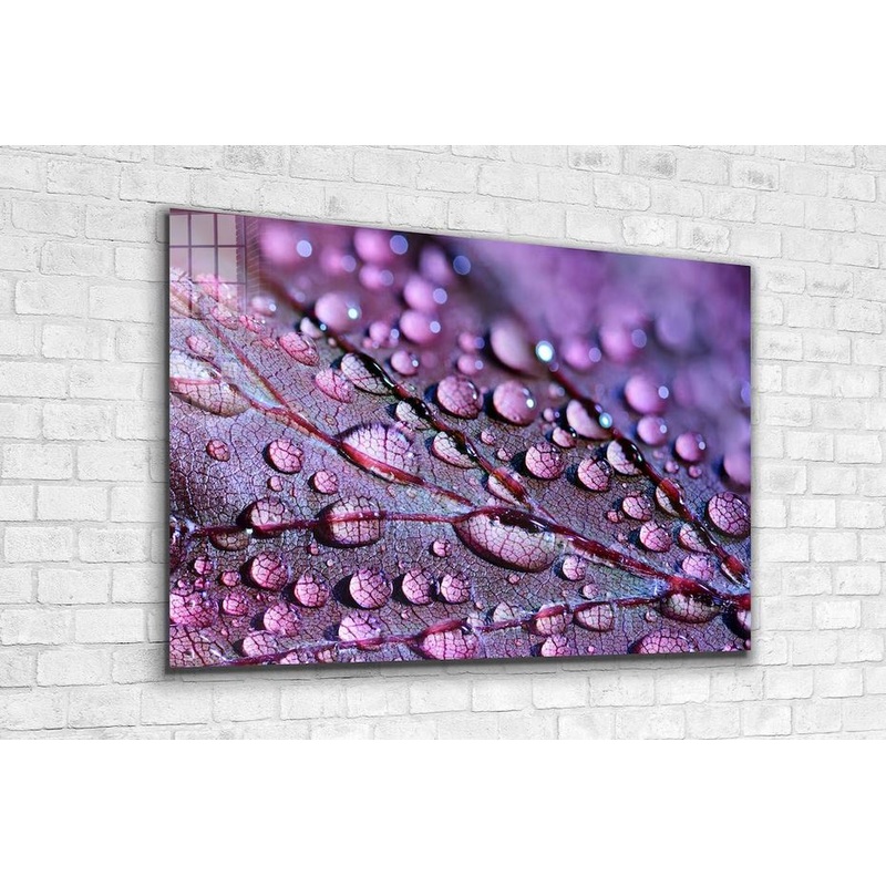 Purple Leaf on Droplet Print Tempered Glass Wall Art 100% Made in Australia Ready to Hang