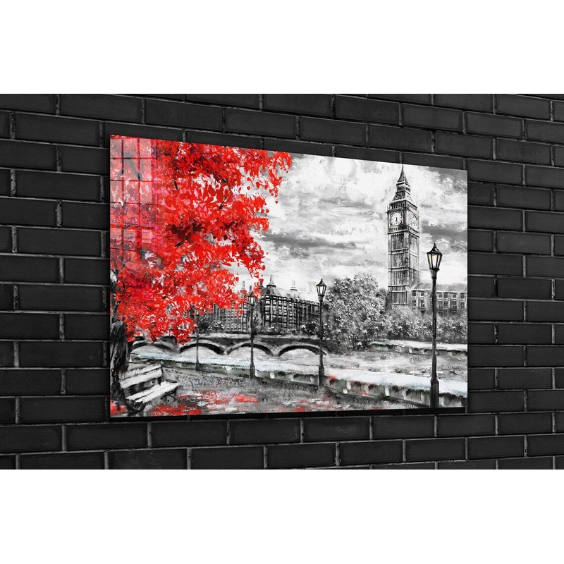 Red Tree Big Ben Tower Print Tempered Glass Wall Art 100% Made in Australia Ready to Hang