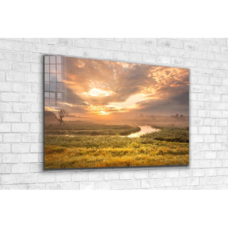 River & Meadow Sunset Print Tempered Glass Wall Art 100% Made in Australia Ready to Hang
