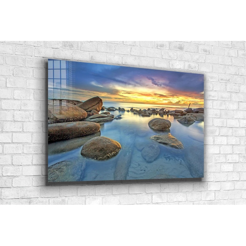 Rocks on Sea Sunset Sky Print Tempered Glass Wall Art 100% Made in Australia Ready to Hang