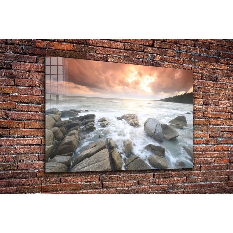 Rocky Sea Ocean Sunset Print Tempered Glass Wall Art 100% Made in Australia Ready to Hang
