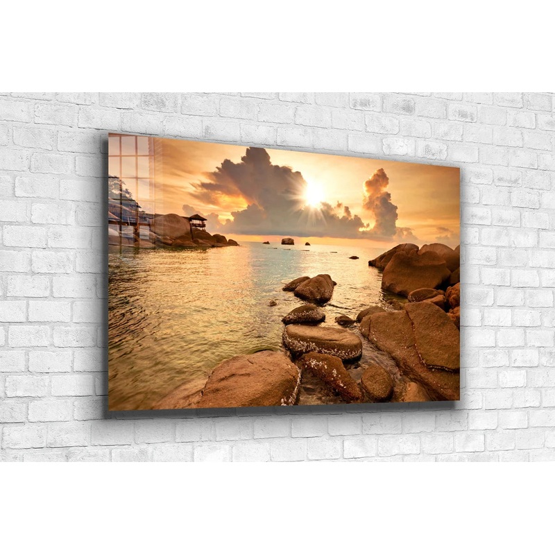 Rocky Seascape Sunset Print Tempered Glass Wall Art 100% Made in Australia Ready to Hang