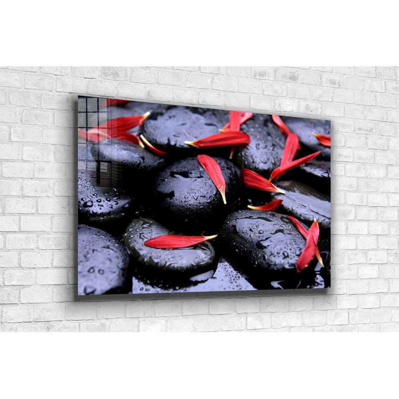 Stone And Flower Petals Print Tempered Glass Wall Art 100% Made in Australia Ready to Hang