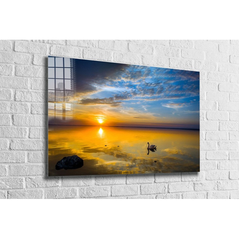 Swan on Lake Sunset Print Tempered Glass Wall Art 100% Made in Australia Ready to Hang