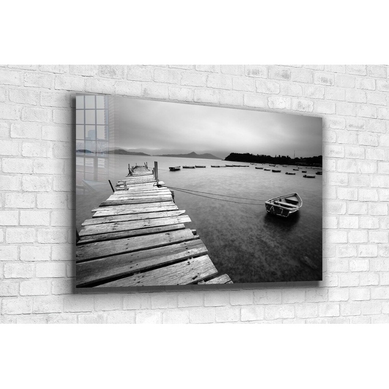 Wooden Pier & Boat B&W Print Tempered Glass Wall Art 100% Made in Australia Ready to Hang
