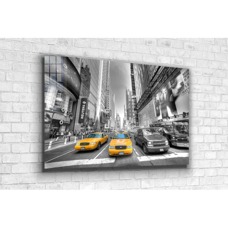 Yellow Taxi B&W City Print Tempered Glass Wall Art 100% Made in Australia Ready to Hang