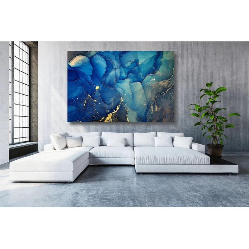 Blue & Gold Abstract Art Acrylic Glass Print Tempered Glass Wall Art 100% Made in Australia Ready to Hang