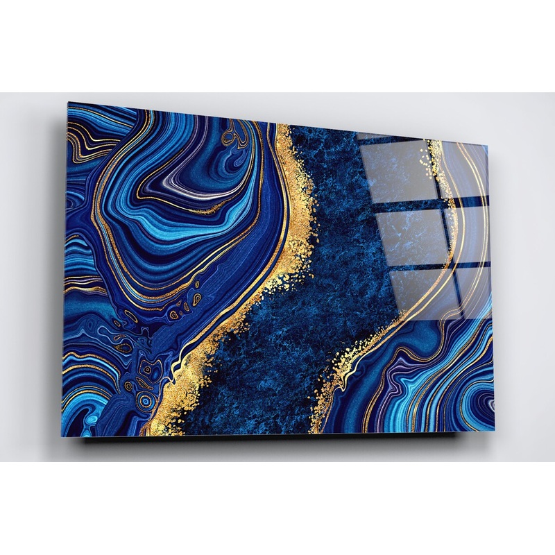 Blue & Gold Abstract Art Marble Acrylic Glass Print Tempered Glass Wall Art 100% Made in Australia Ready to Hang