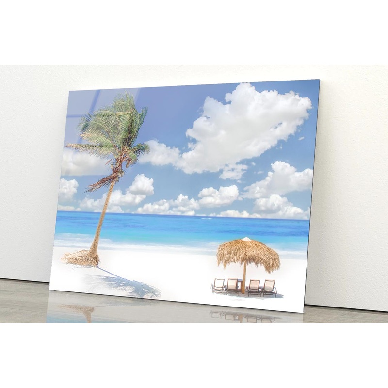 Beach Hut And Coconut Tree Acrylic Glass Print Tempered Glass Wall Art 100% Made in Australia Ready to Hang