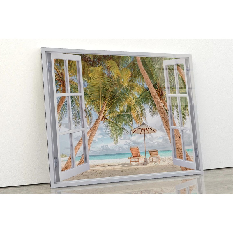 Beach Scenery, Palms and Sun Beds Acrylic Glass Print Tempered Glass Wall Art 100% Made in Australia Ready to Hang