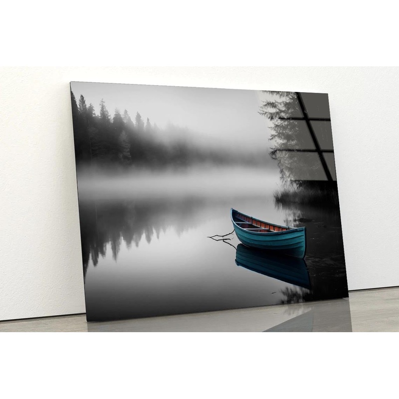 Boat In a Pristine Lake on A Foggy Morning Acrylic Glass Print Tempered Glass Wall Art 100% Made in Australia Ready to Hang