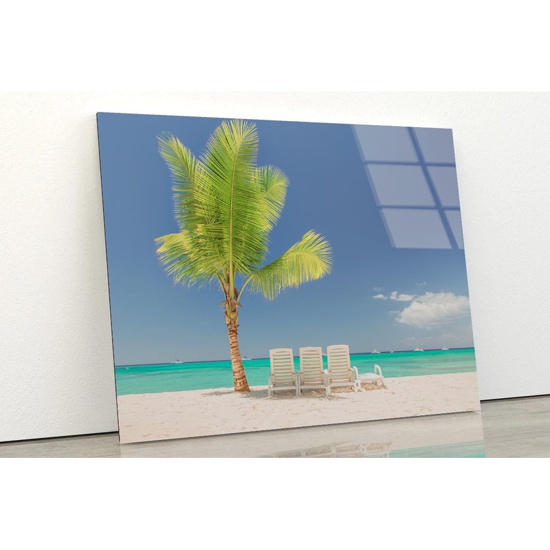 Coconut Tree and Chairs in Beach Acrylic Glass Print Tempered Glass Wall Art 100% Made in Australia Ready to Hang