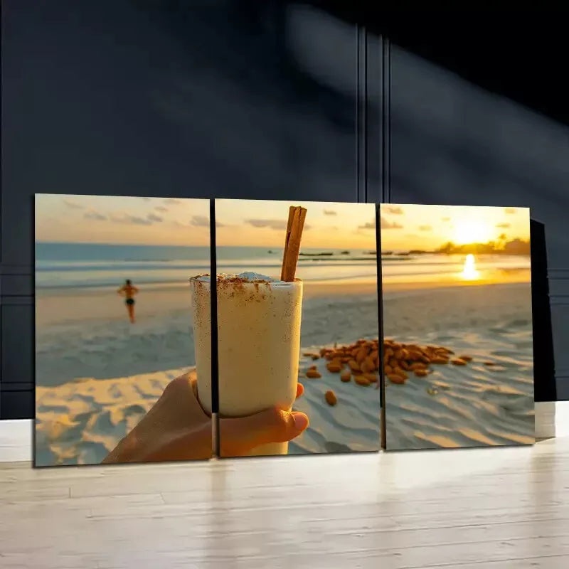 3pc Sunset Beach Scene with Drink and Vanilla Beans   Wall Art Set Canvas Framed 50x70cm - High Quality Print 100% Australian Made Wall Canvas Ready to Hang