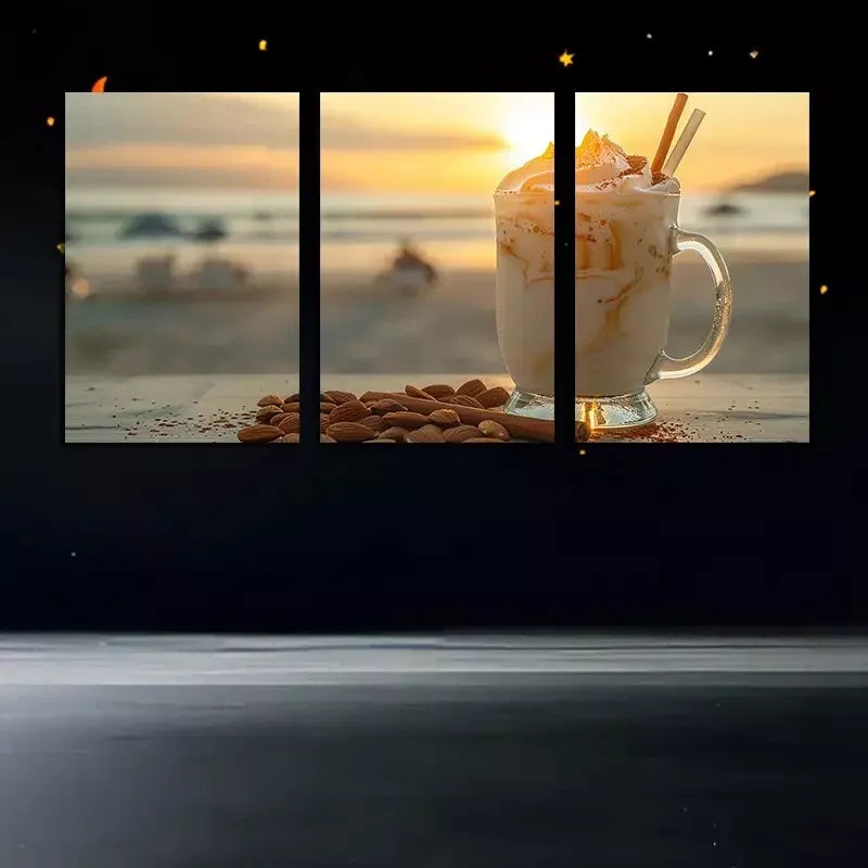 3pcs  A Refreshing Drink By The Beach At Sunset  Wall Art Set Canvas Framed 50x70cm - High Quality Print 100% Australian Made Wall Canvas Ready to Hang