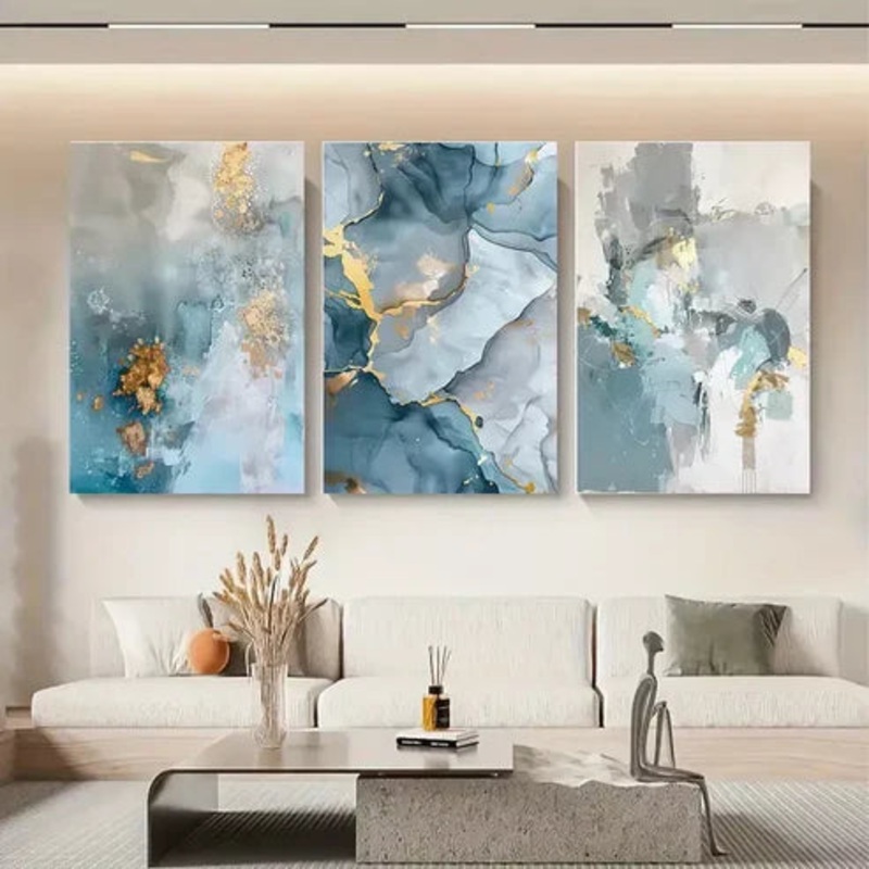 3pcs Abstract Canvas Art with Golden And Blue Wall Art Set Canvas Framed 50x70cm - High Quality Print 100% Australian Made Wall Canvas Ready to Hang