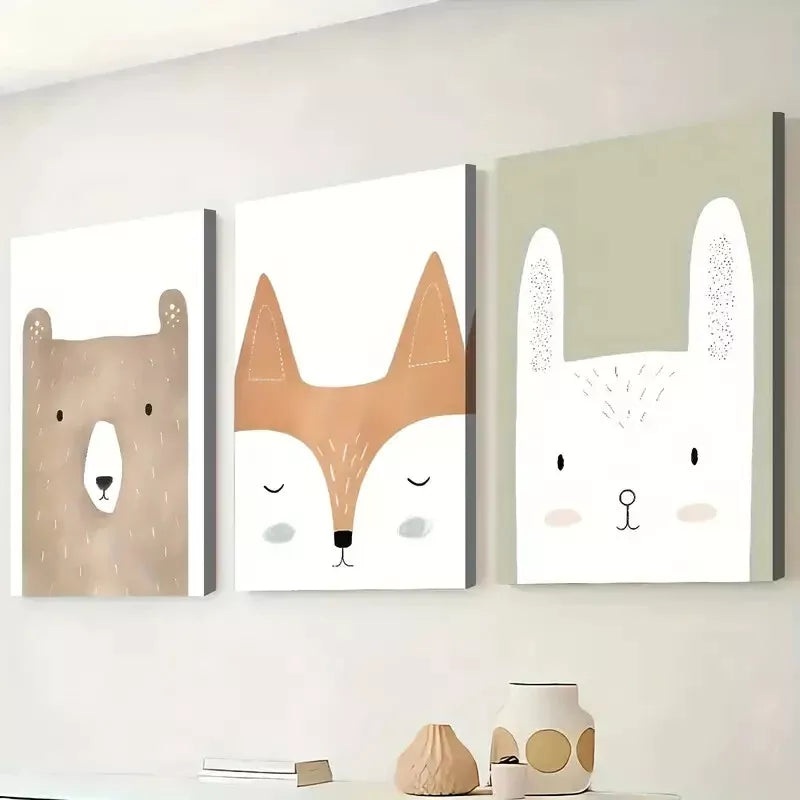 3pcs Artistic Modern Simple Cute Animals Face Wall Art Set Canvas Framed 50x70cm - High Quality Print 100% Australian Made Wall Canvas Ready to Hang