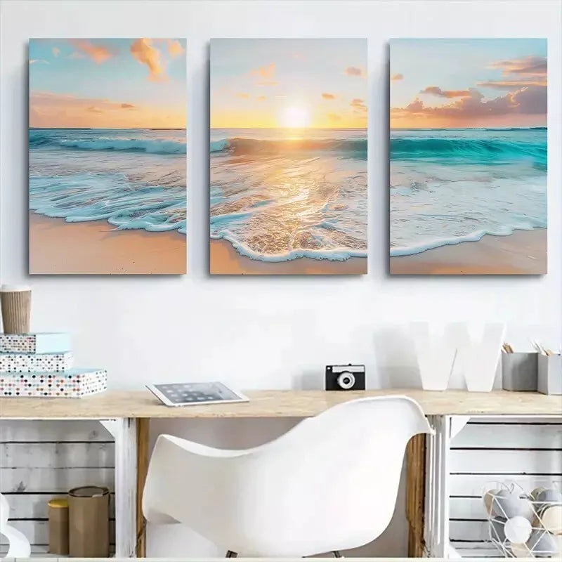 3pcs  Beach Sunset Wall Art Set Canvas Framed 50x70cm - High Quality Print 100% Australian Made Wall Canvas Ready to Hang