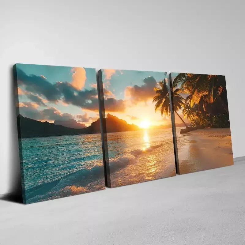 3pcs Beautiful Vintage Beach Sunset with Trees Wall Art Set Wall Art Set Canvas Framed 50x70cm - High Quality Print 100% Australian Made Wall Canvas Ready to Hang