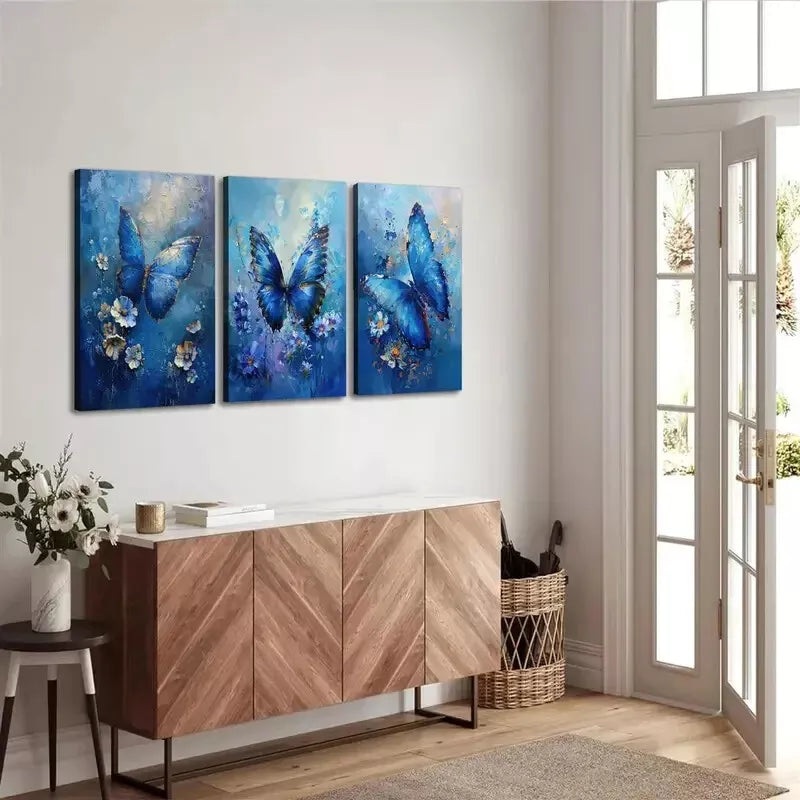 3pcs Blue Floral & Butterfly  Wall Art Set Canvas Framed 50x70cm - High Quality Print 100% Australian Made Wall Canvas Ready to Hang