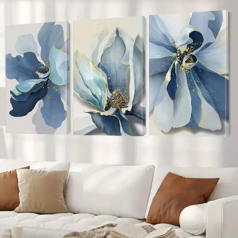 3pcs Blue Floral Wall Art Set Canvas Framed 50x70cm - High Quality Print 100% Australian Made Wall Canvas Ready to Hang