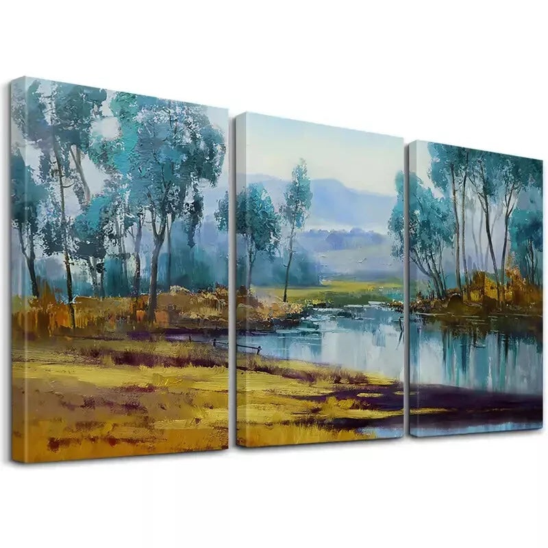 3pcs Classic Retro Minimalist Countryside River Wall Art Set Canvas Framed 50x70cm - High Quality Print 100% Australian Made Wall Canvas Ready to Hang