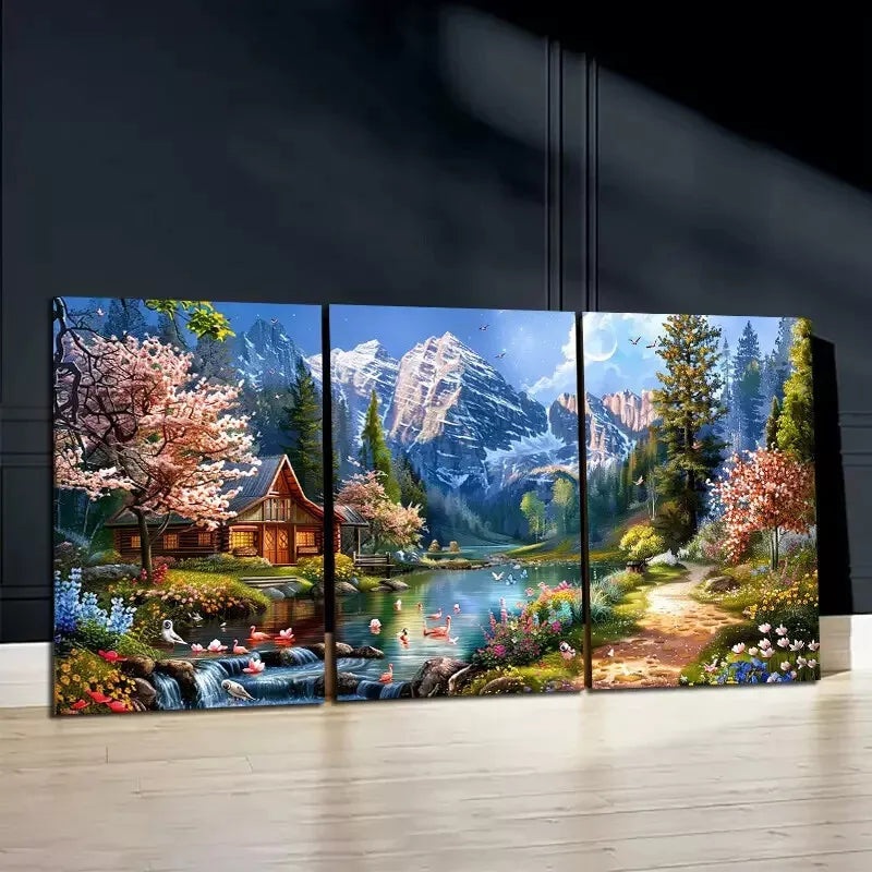 3pcs Fantasy Art Of Landscape With A River   Wall Art Set Canvas Framed 50x70cm - High Quality Print 100% Australian Made Wall Canvas Ready to Hang