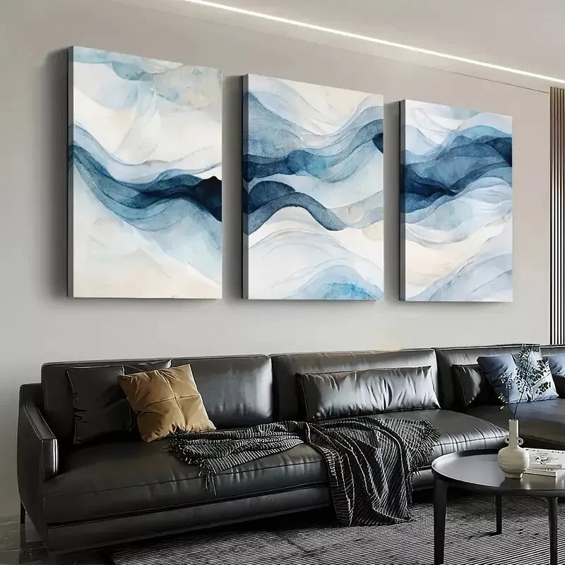 3pcs Light Luxury Style Abstract Geometric Blue  Wall Art Set Canvas Framed 50x70cm - High Quality Print 100% Australian Made Wall Canvas Ready to Hang