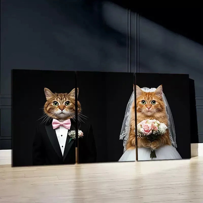 3pcs  Two Cats Wearing Wedding Dresses   Wall Art Set Canvas Framed 50x70cm - High Quality Print 100% Australian Made Wall Canvas Ready to Hang