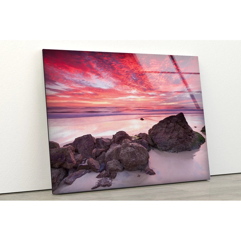Beach with Rocks Sunset View Photograph Acrylic Glass Print Tempered Glass Wall Art 100% Made in Australia Ready to Hang
