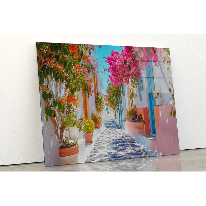 Beautiful Street with Flowers in Greece Acrylic Glass Print Tempered Glass Wall Art 100% Made in Australia Ready to Hang