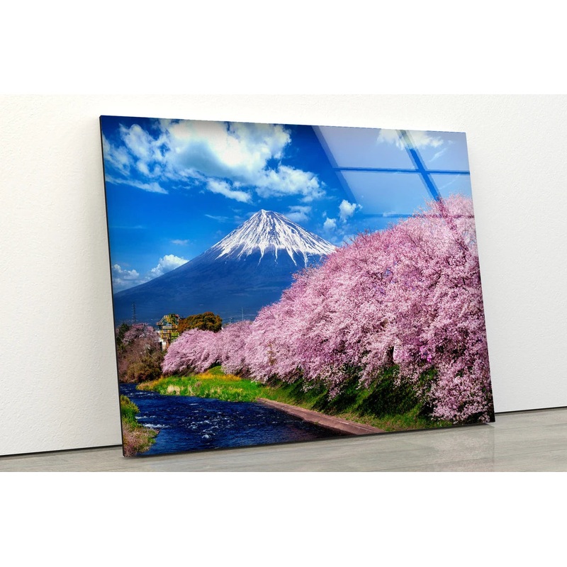 Blossom Trees Along River Mountain View Photograph Acrylic Glass Print Tempered Glass Wall Art 100% Made in Australia Ready to Hang