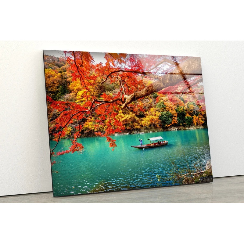 Boat on Lake Autumn Forest Photograph Acrylic Glass Print Tempered Glass Wall Art 100% Made in Australia Ready to Hang
