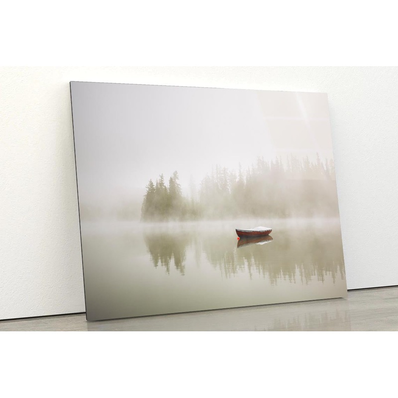 Boat On the Lake at Morning Fog  Acrylic Glass Print Tempered Glass Wall Art 100% Made in Australia Ready to Hang